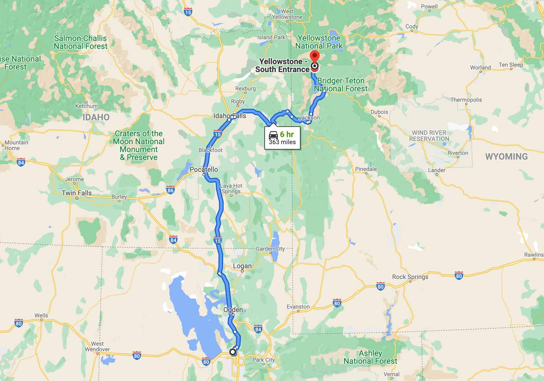 salt lake city to yellowstone map