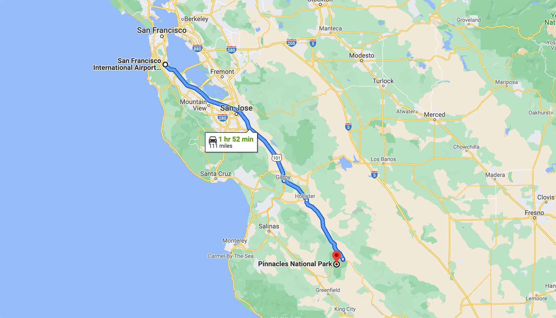 san francisco to pinnacles national park map