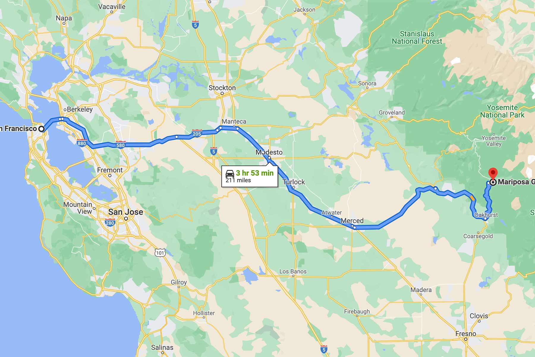 san francisco to mariposa grove yosemite map, redwoods near san francisco