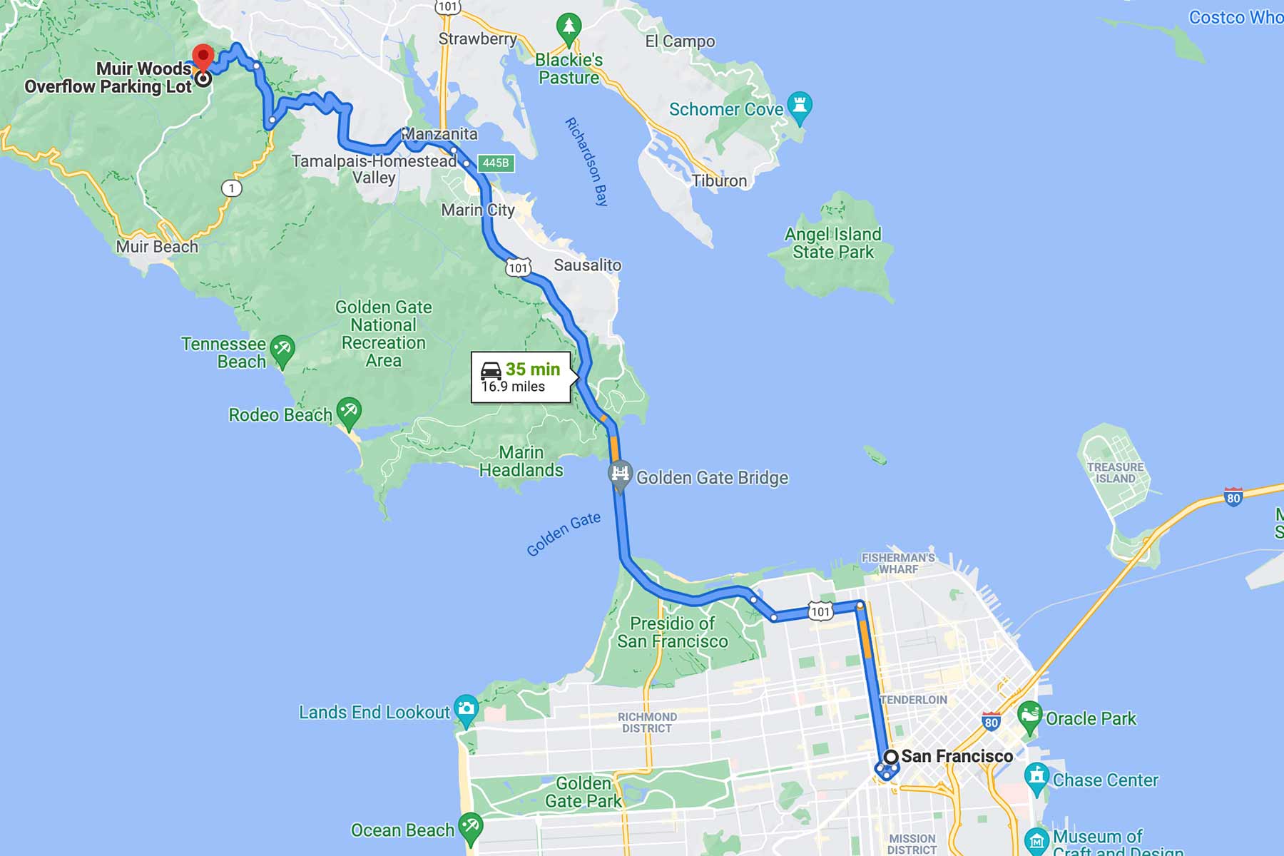 san francisco to muir woods redwoods map