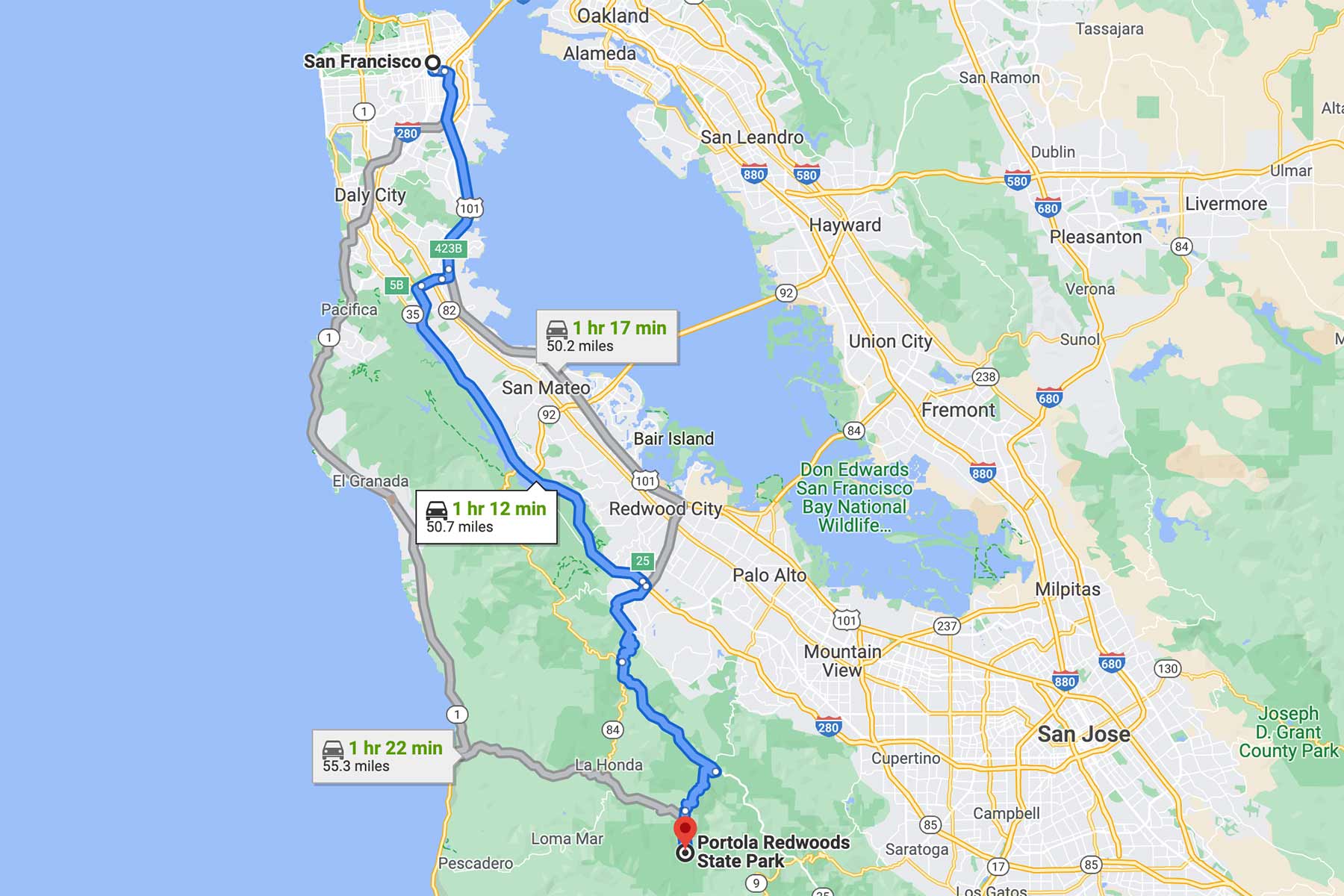 san francisco to portola redwoods map