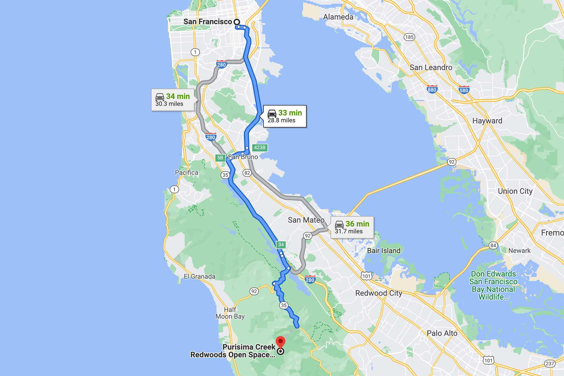 san francisco to purisma redwoods map
