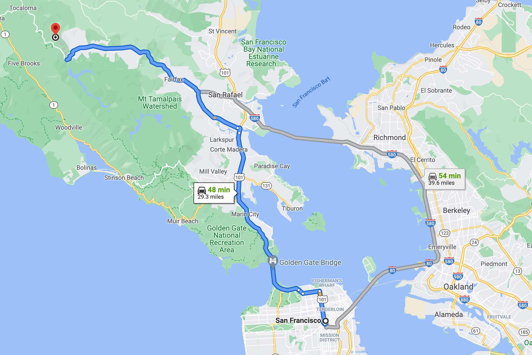 san francisco to samuel p taylor redwoods map