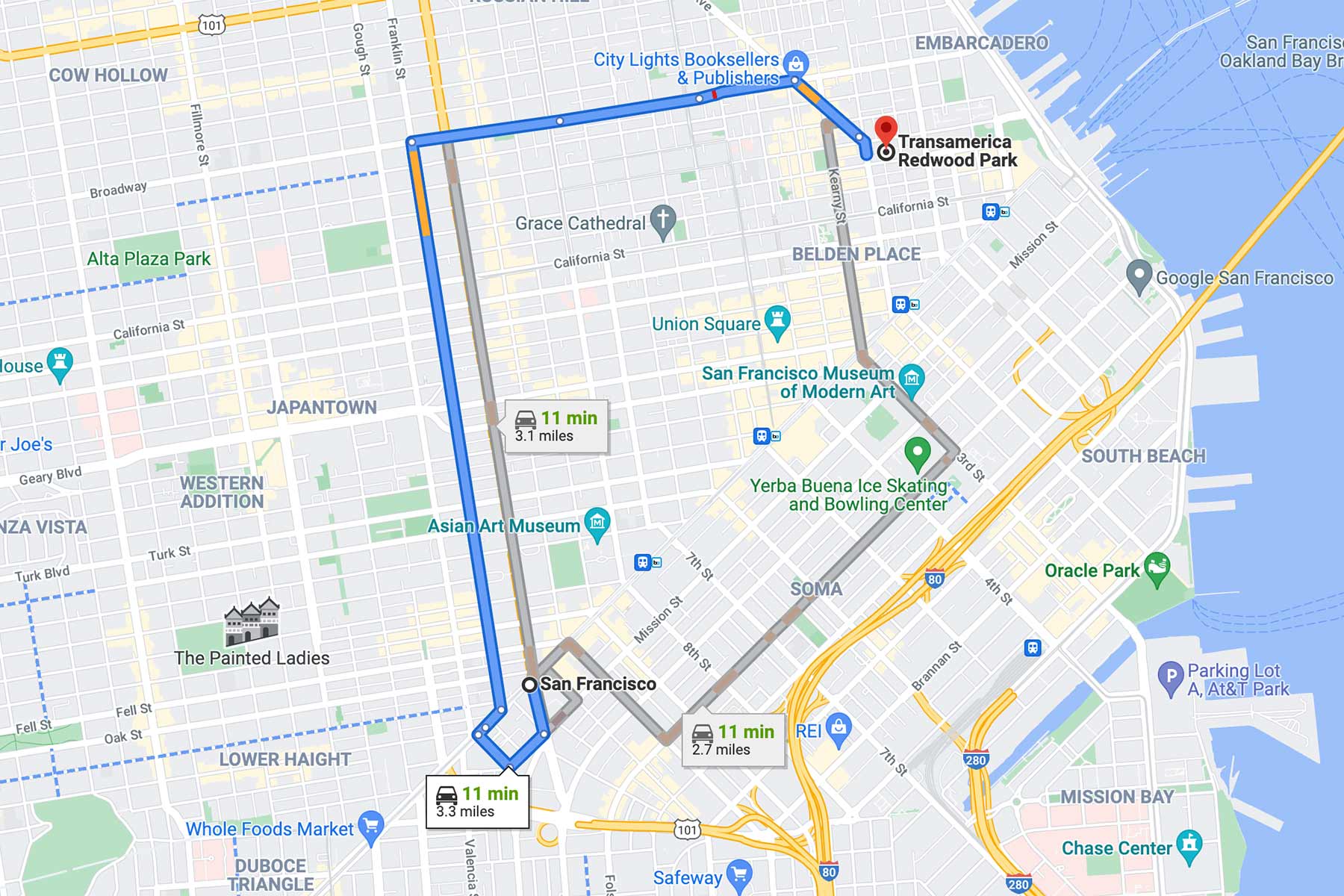 san francisco to transamerica park redwoods map